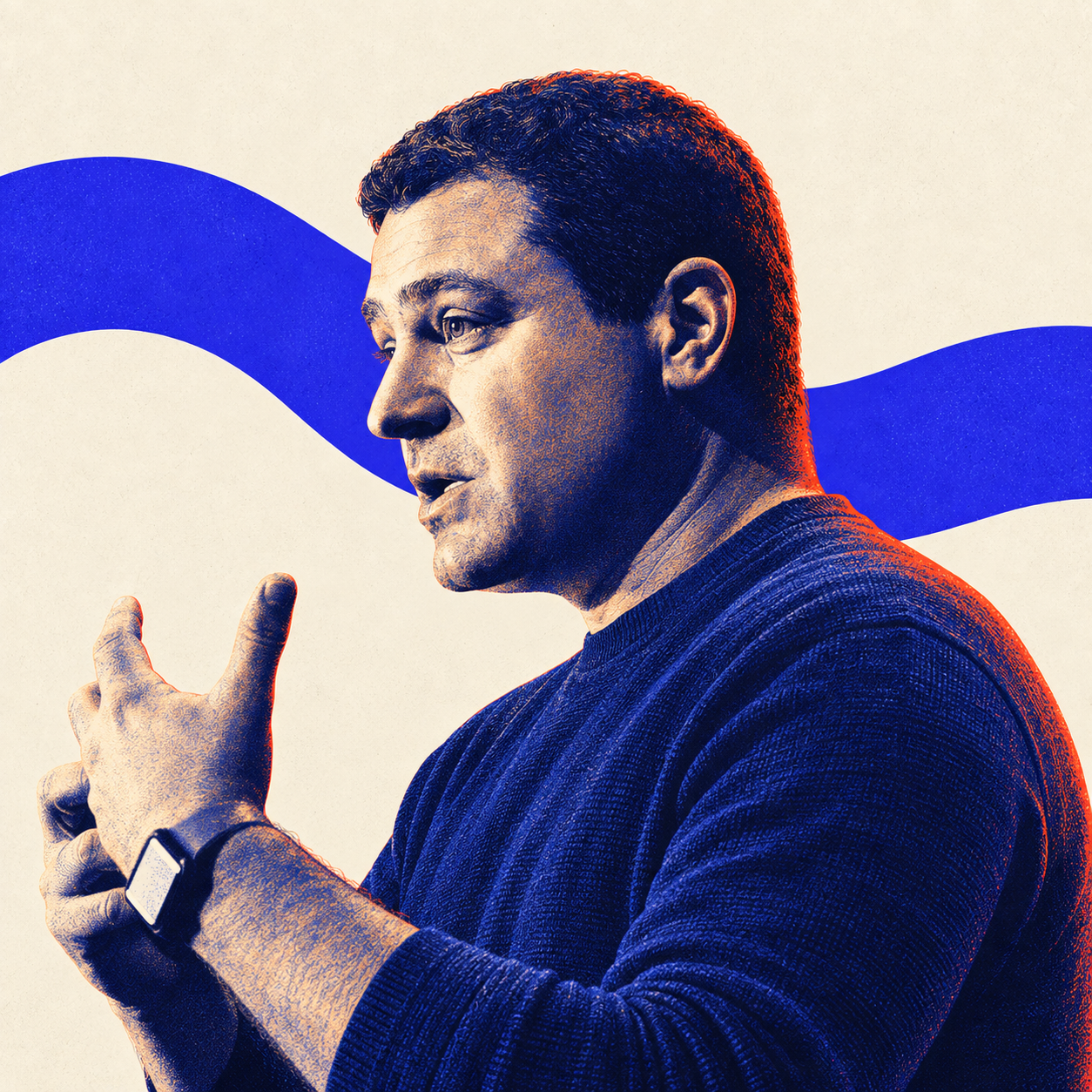 Михаил Ломтадзе — иллюстрированный портрет в профиль, выразительный жест во время разговора