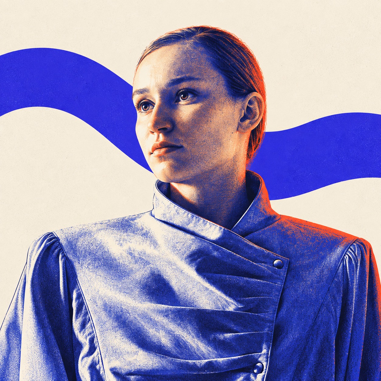 Елена Рыбакина — иллюстрированный портрет в скульптурной рубашке, взгляд вверх